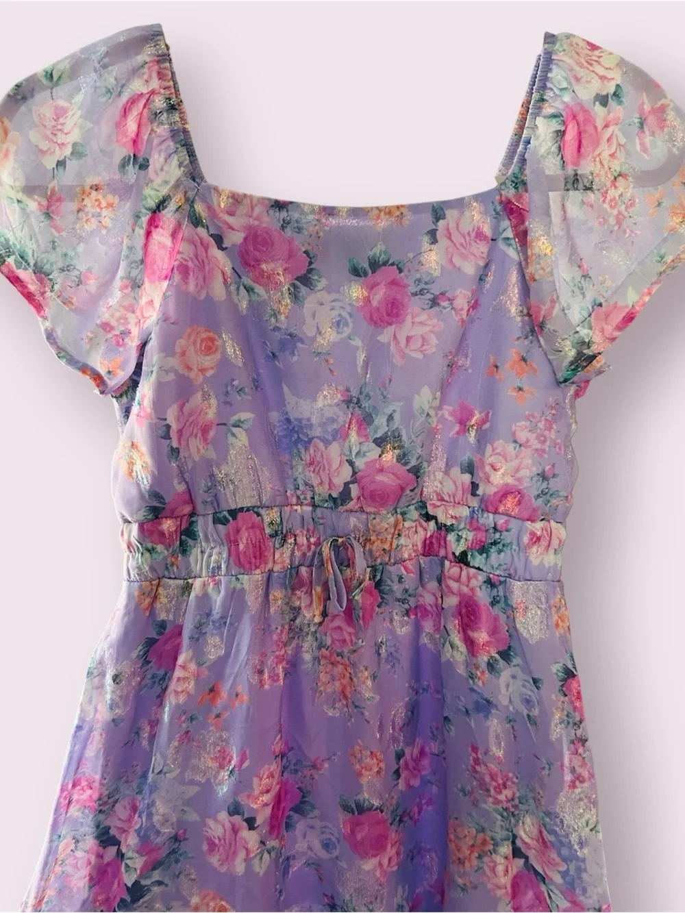 Three Pink Hearts Lavender Floral Flutter-Sleeve Dress